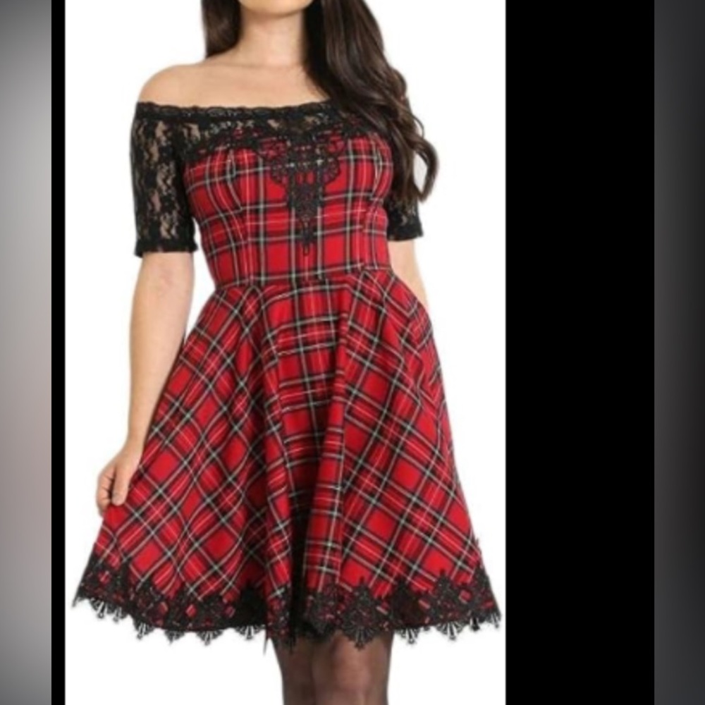 Spin Doctor plaid with lace trim retro 50s swing dress